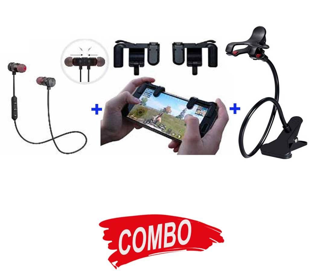 pubg and shotting game controller-BLACK+Universal Flexible Long Arms Lazy Bed Desktop Mobile Phone Holder Stand - Black +BMI-MAGNET WIRELESS STERIO BLUETOOTH EARPHONE Combo Offer 
