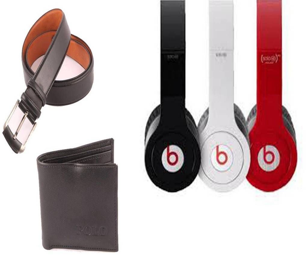 Formal Belt + PU Leather Mens Wallet + Beats Solo HD Stereo Headphones