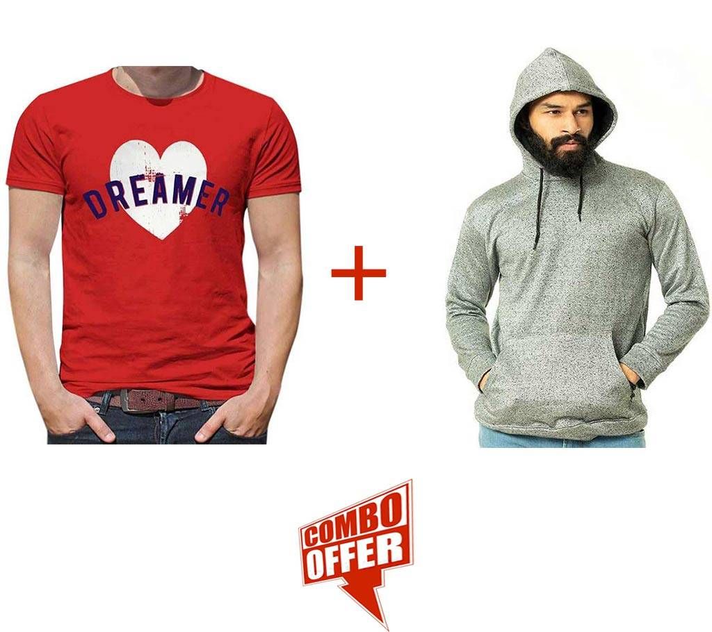 PMenz Cotton Hudy-Ash + Menz Half Sleeve T-Shirt Combo Offer 