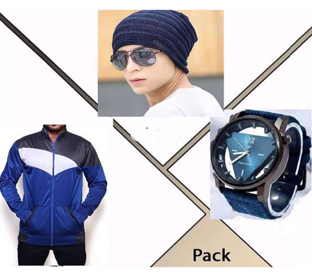 Multi color gents hoodie+ cap+ watch combo 
