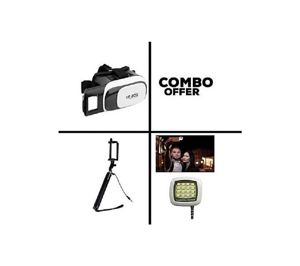Combo of VR Box, Selfie Stick and LED Flash Light