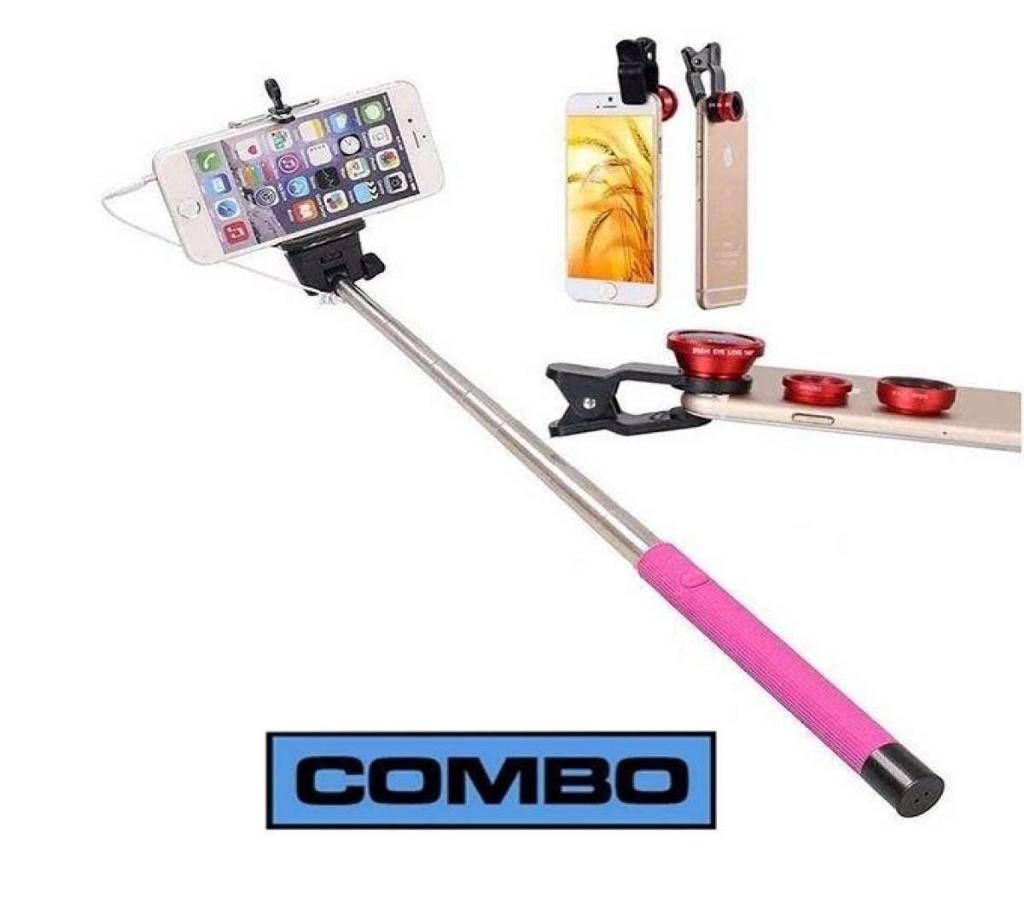Combo Offer of Pink Selfie Stick and Red Mobile Clip Lens