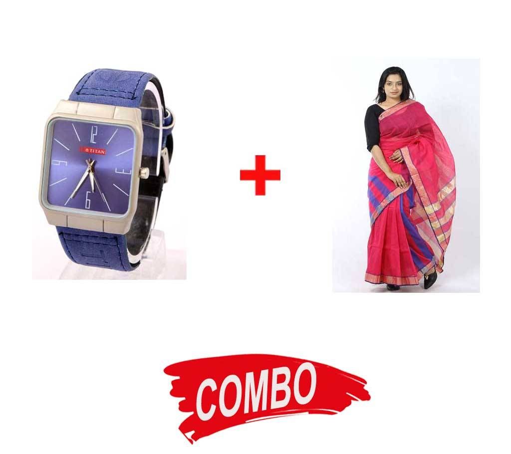 Haf Silk Saree + TITAN Blue Analog Watch for Men Combo Offer 