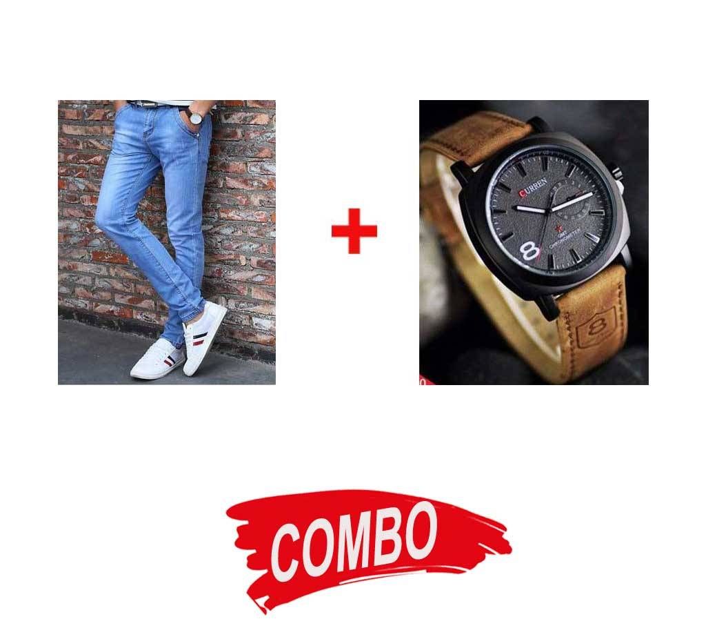 Men's Regular Fit Jeans Pants + CURREN GENTS Watch Combo Offer 