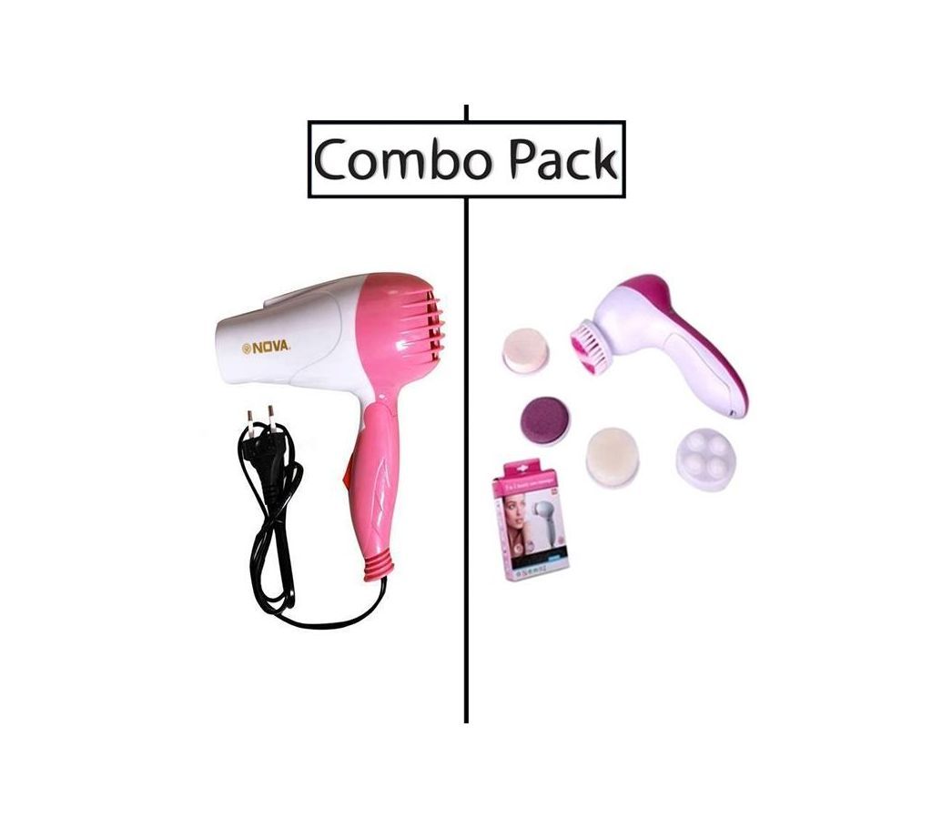 Combo Of Nova Hair Dryer + Facial Care Massager - White And Pink