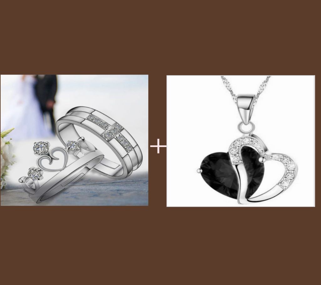 Crown Silver Colour Ring & Heart shape pendant Black Color