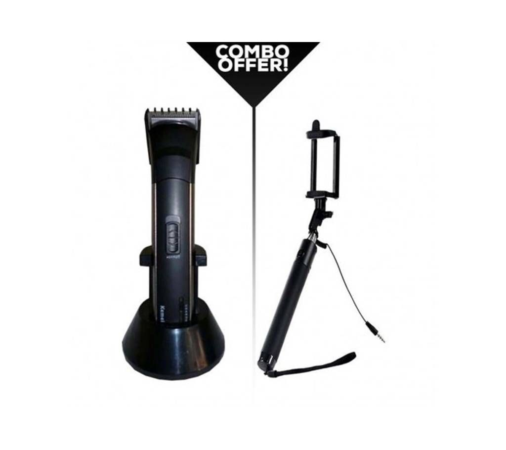 Combo of Kemei KM-2599 Rechargeable Trimmer & Selfie Stick