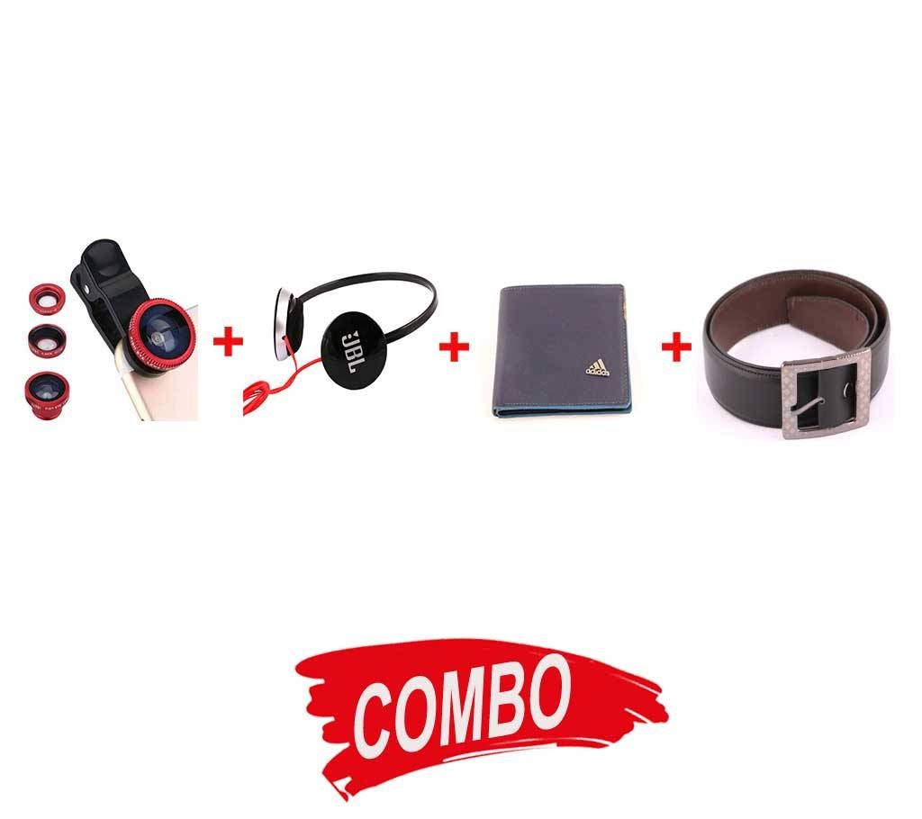 PU Leather Menz Wallet+3 in 1 Universal Clip Camera Mobile Phone Lens+ JBL headphone (copy)+Menz Leather Formal Belt Combo Offer 