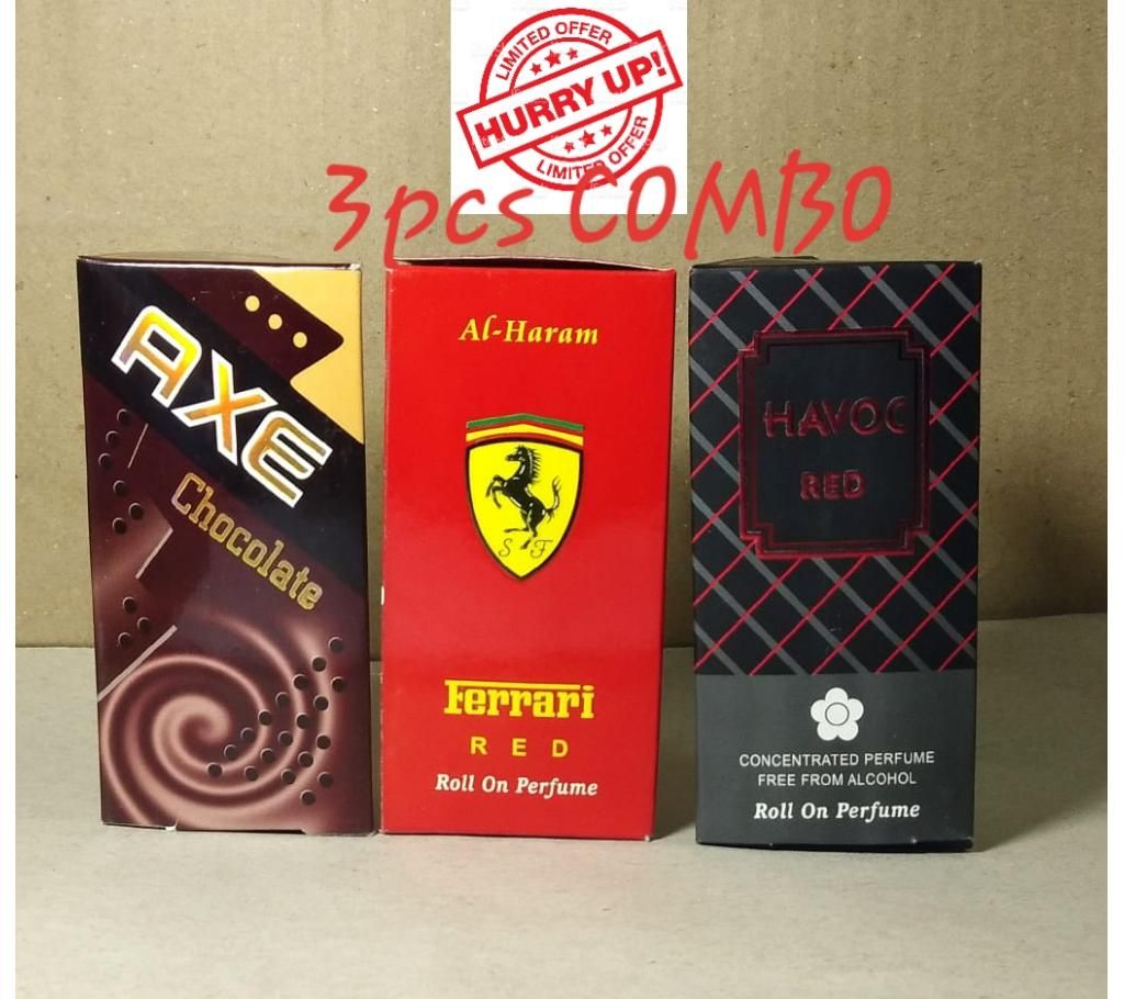 3 pcs Roll On Concentrated Perfume (Attor)Combo 6ml each (Axe, Ferrari & Havc)