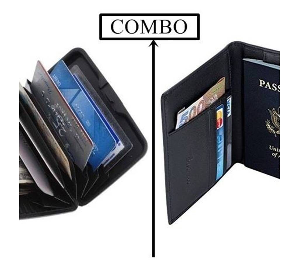Black Credit Card Holder & Leather Passport Cover Holder Combo