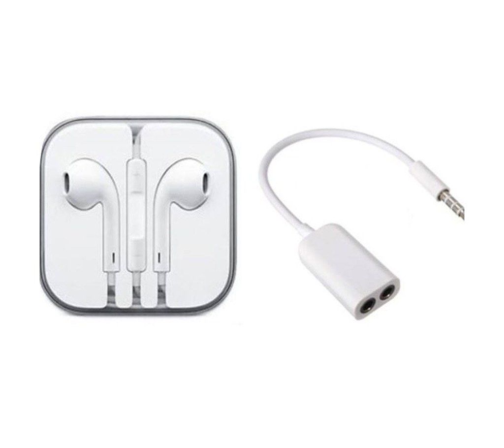 Combo of Stereo White Earphone + Aux Splitter 