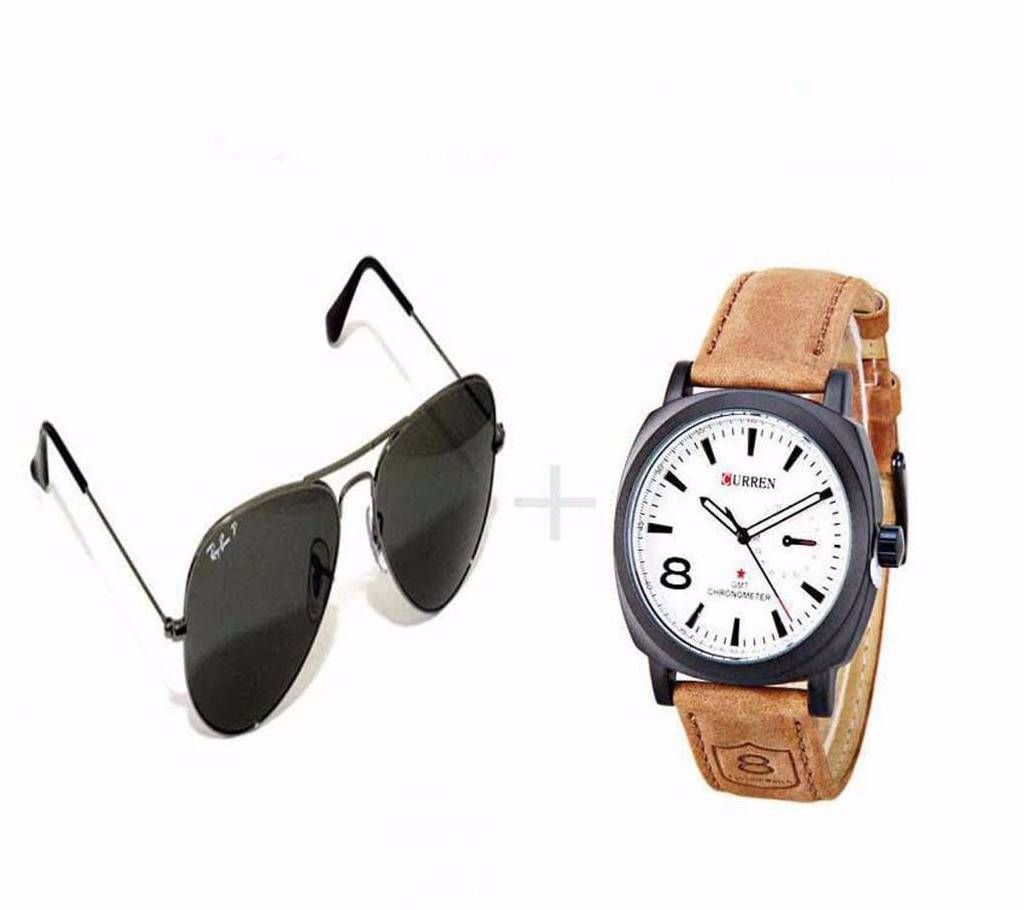 Curren Wrist Watch & Ray Ban Sunglasses Combo 