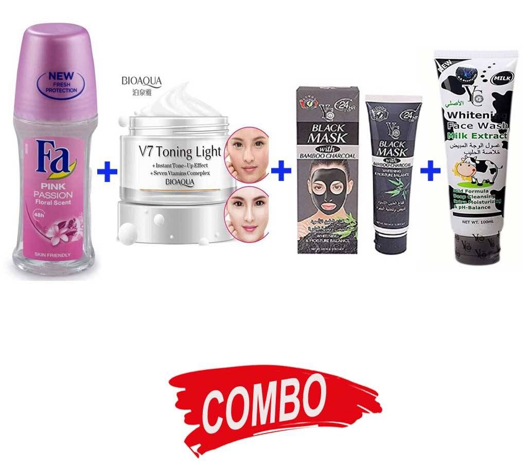 BIOAQUA V7- Cream Toning Light - China + YC PEEL OFF Musk - Thailand + YC Whitening Face Wash Milk Extract - 100ml - Thailand+ Fa Pink Passion Roll on   (UAE) Combo Offer 