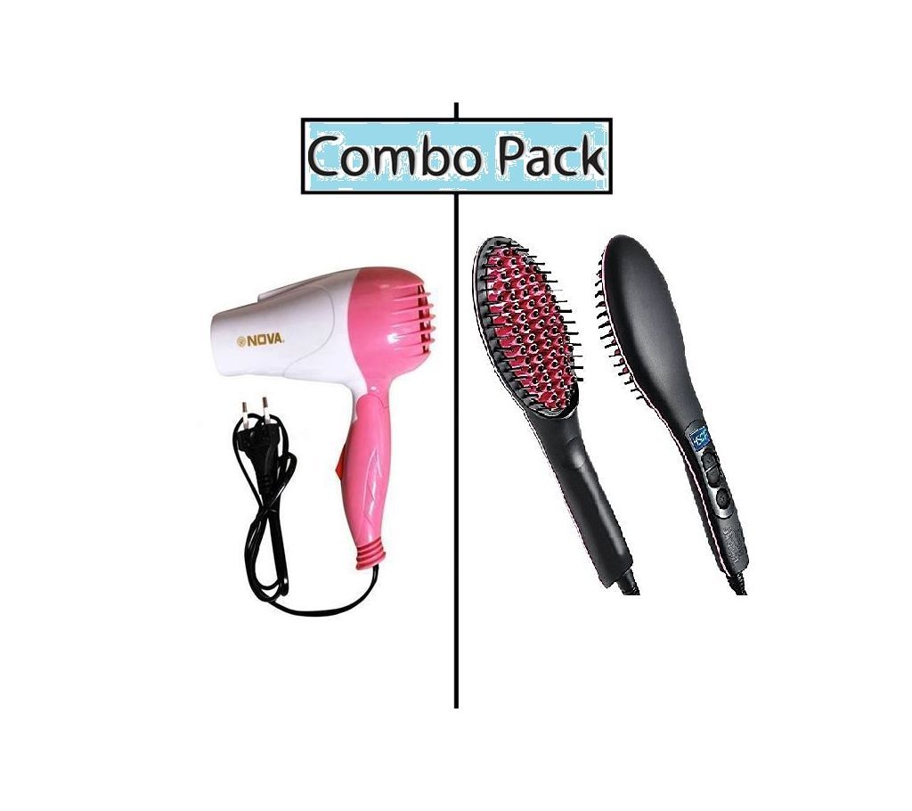Combo Pack of Ceramic Straightening Brush and Nova Hair Dryer - Pink