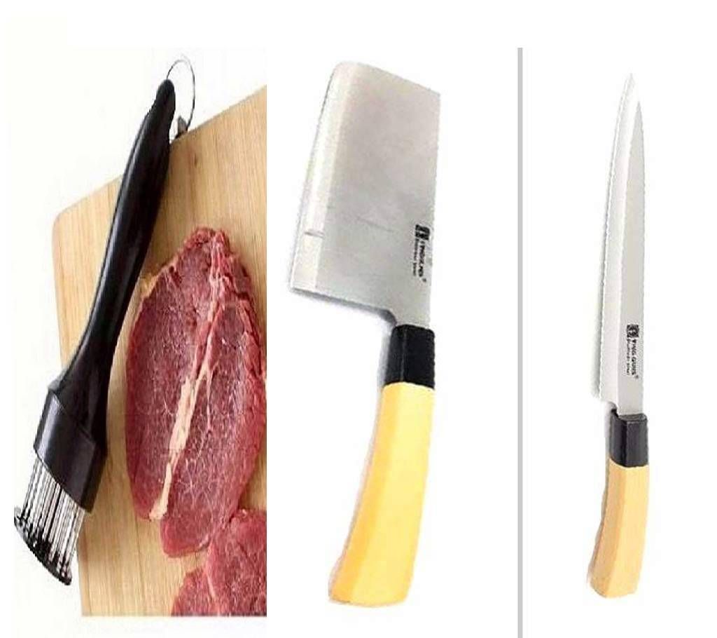 combo of Kitchen Wooden Handle Small Slim Nip + Wooden Handle Slim Kitchen Knife + Mitt Tenderizer
