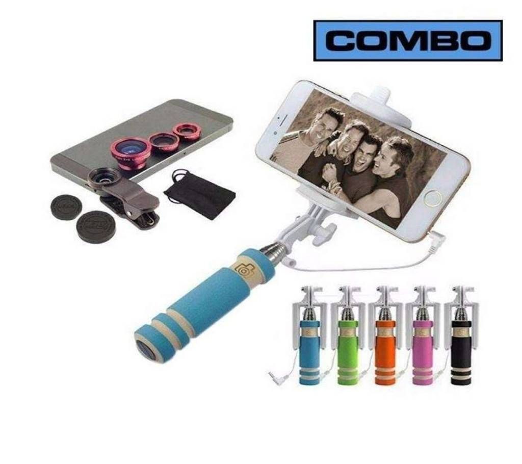 Combo Offer of 3 in 1 Mobile Clip Lens and Multicolor Selfie Stick