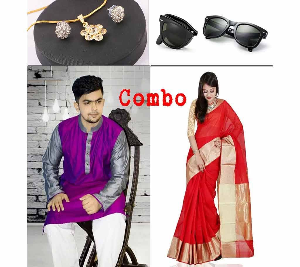 Indian Silk Panjabi + Red Zori Silk Saree + Ray ban (copy) folding Sunglasses + Pendant Set
