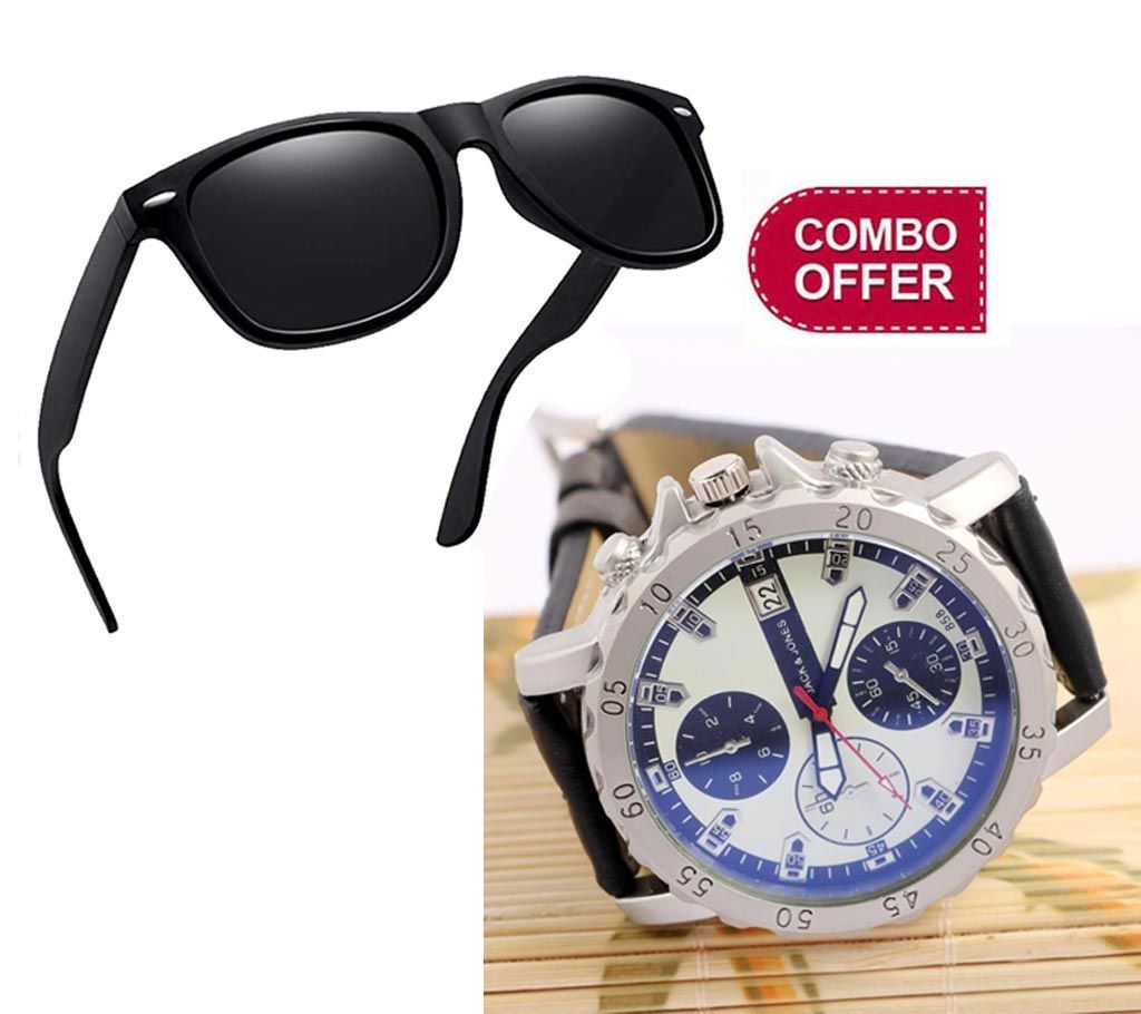 Combo Offer Casual Wrist Watch and Black Sunglaases For Men 