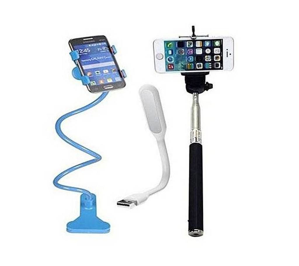 Combo of Long Mobile Stand, Selfie Stick and LED Light
