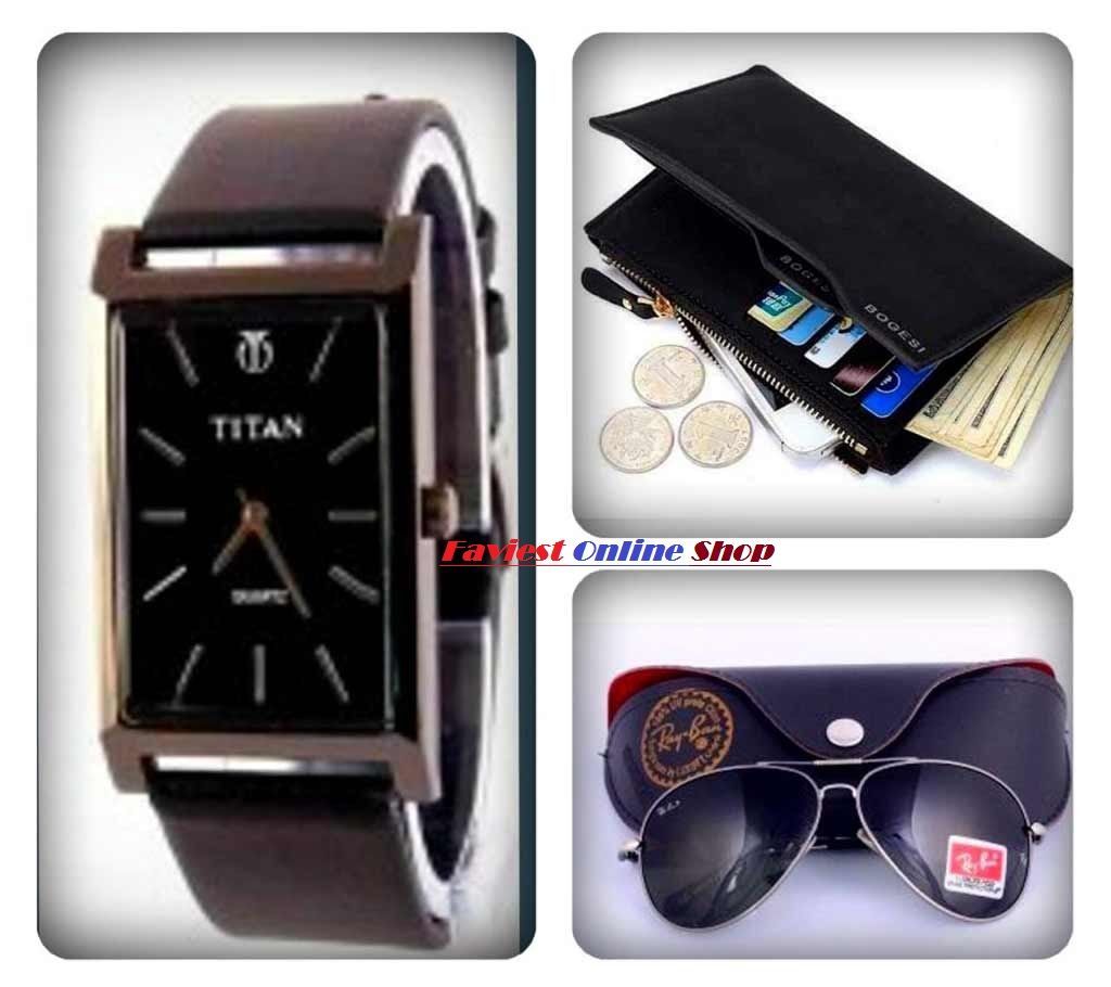 Tital Wristwatch + Bogesi  Wallet + Ray ban Sunglasses Combo