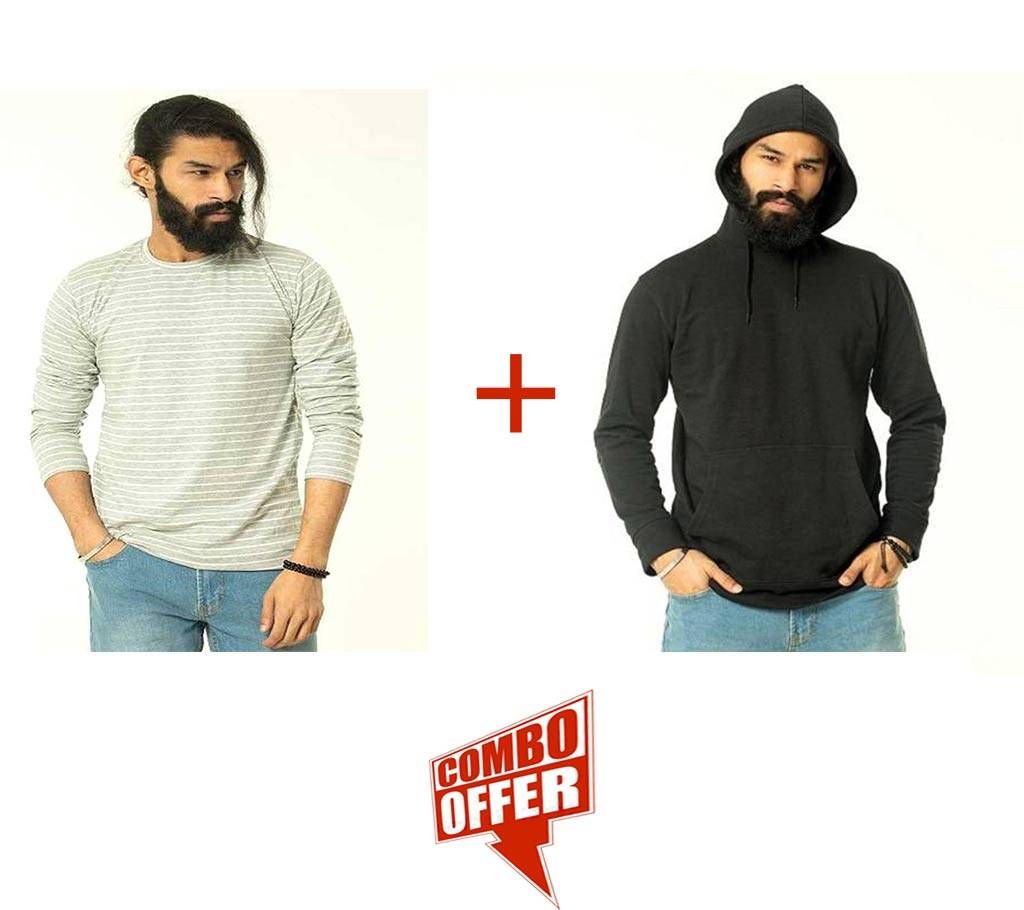 PMenz Cotton Hudy-Black + Full Sleeve T-Shirt  Combo Offer 