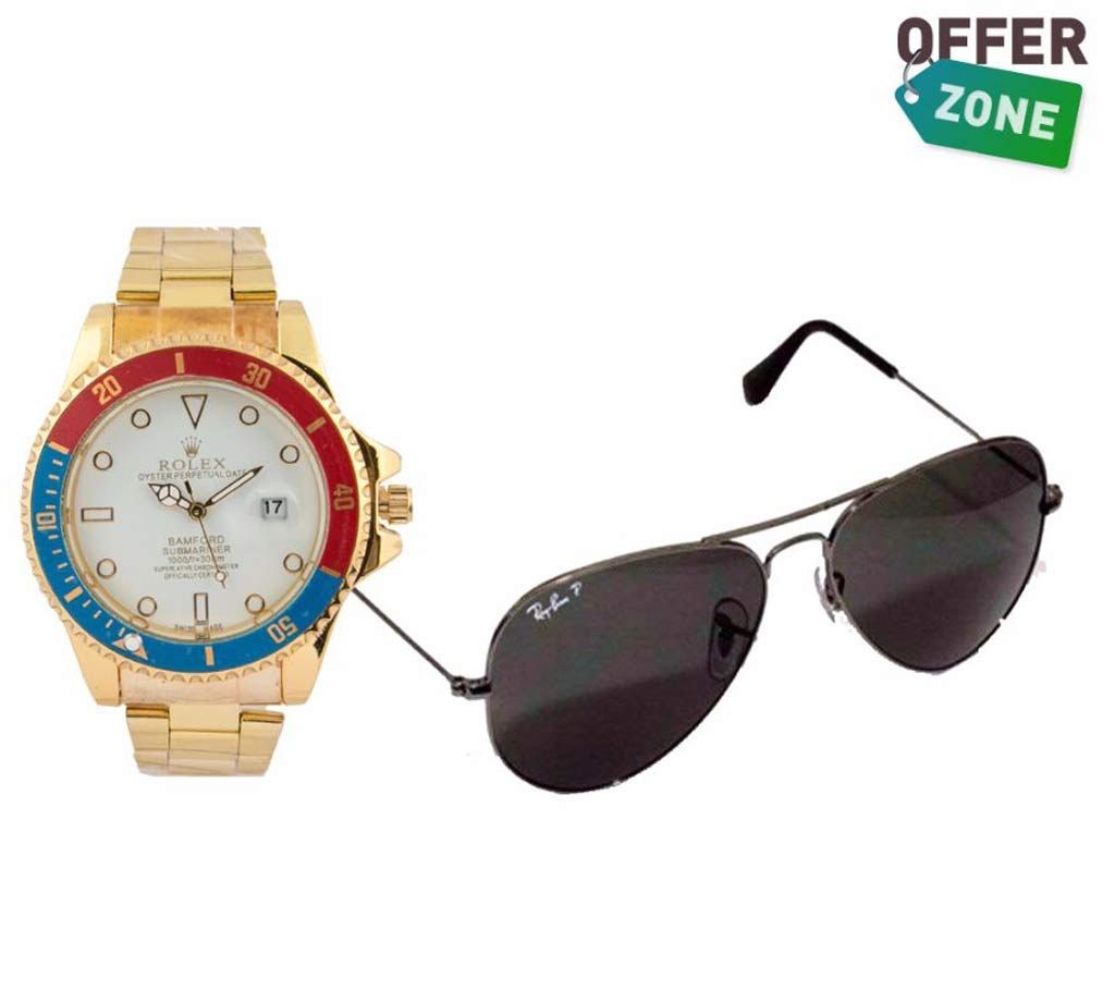 ROLEX Men's Wrist Watch+RAY BAN Sunglasses Combo
