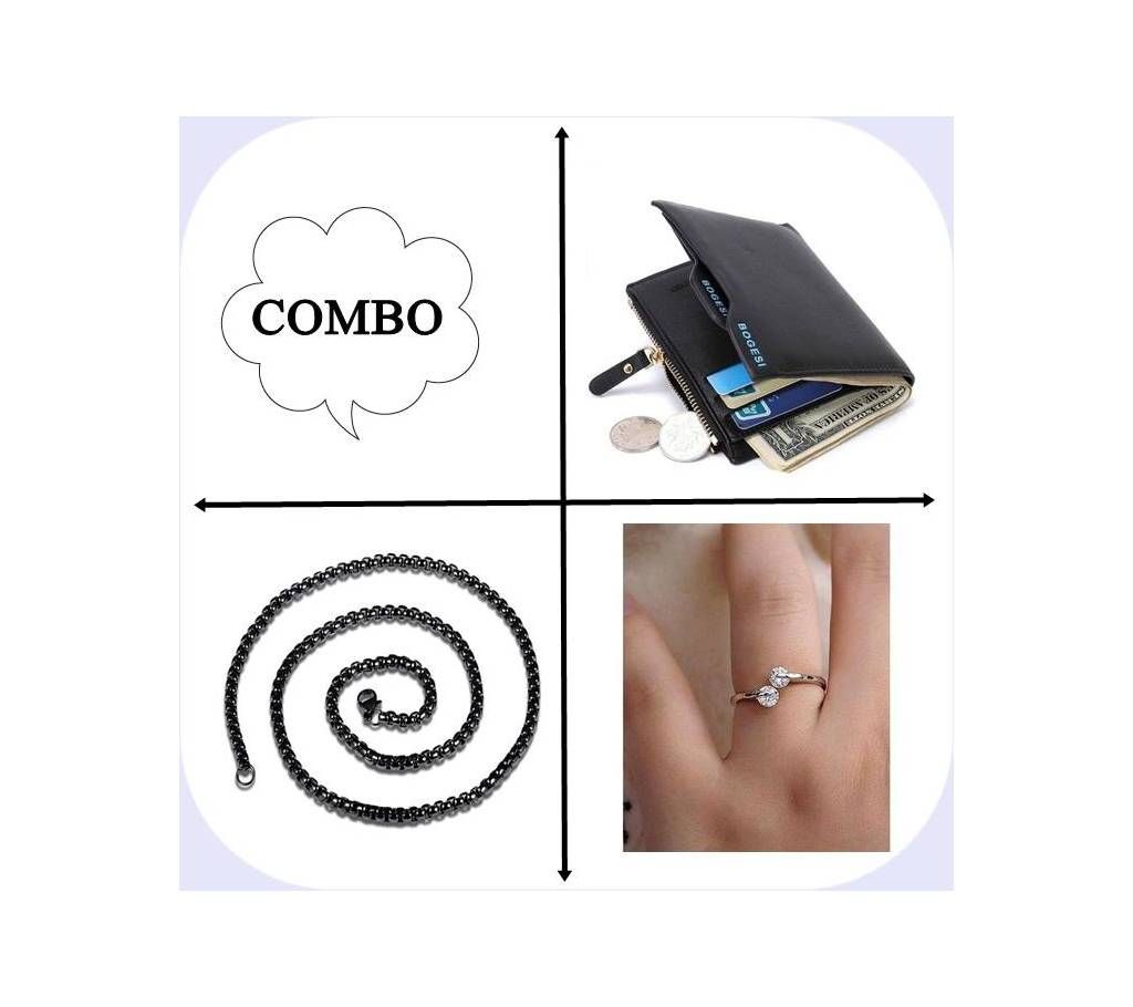 3 Combo of Lather Wallet + Stainless Steel Chain + Finger Ring