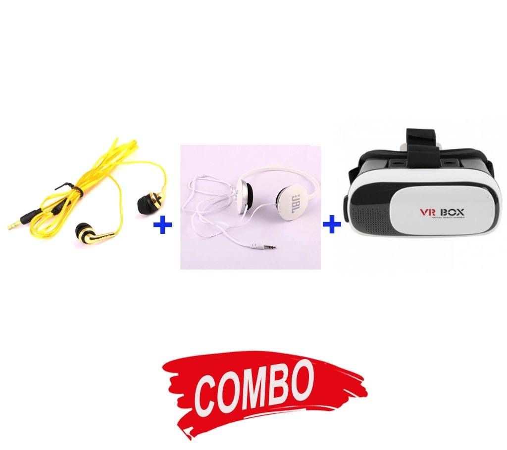 VR BOX + Chinese Earphone + JBL Head Phone C0py Combo Offer 