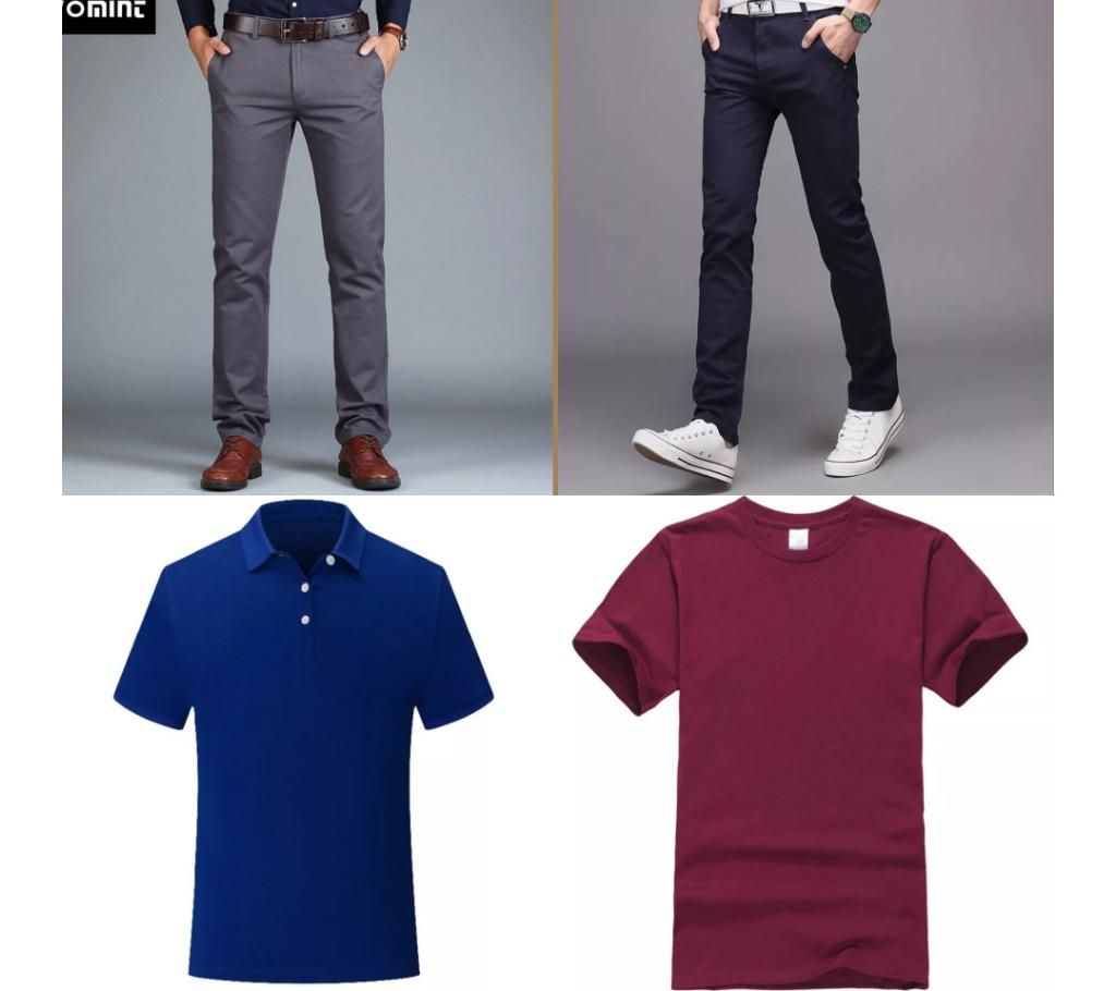 Combo Offer 2 Piece Gabardine Pant + 2 Pice Half Sleeve Cotton T Shirt For Men 