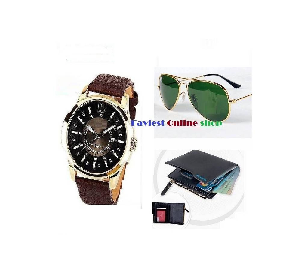 CURREN Wristwatch +Bogesi Wallet + Ray ban Sunglasses Combo