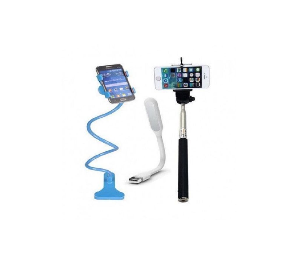 Long Mobile Stand + Selfie Stick + LED Light Multicolor