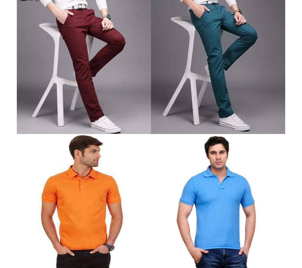 Combo Offer 2 Piece Gabardine Pant + 2 Piece Half Sleeve Cotton Polo T Shirt for Men 