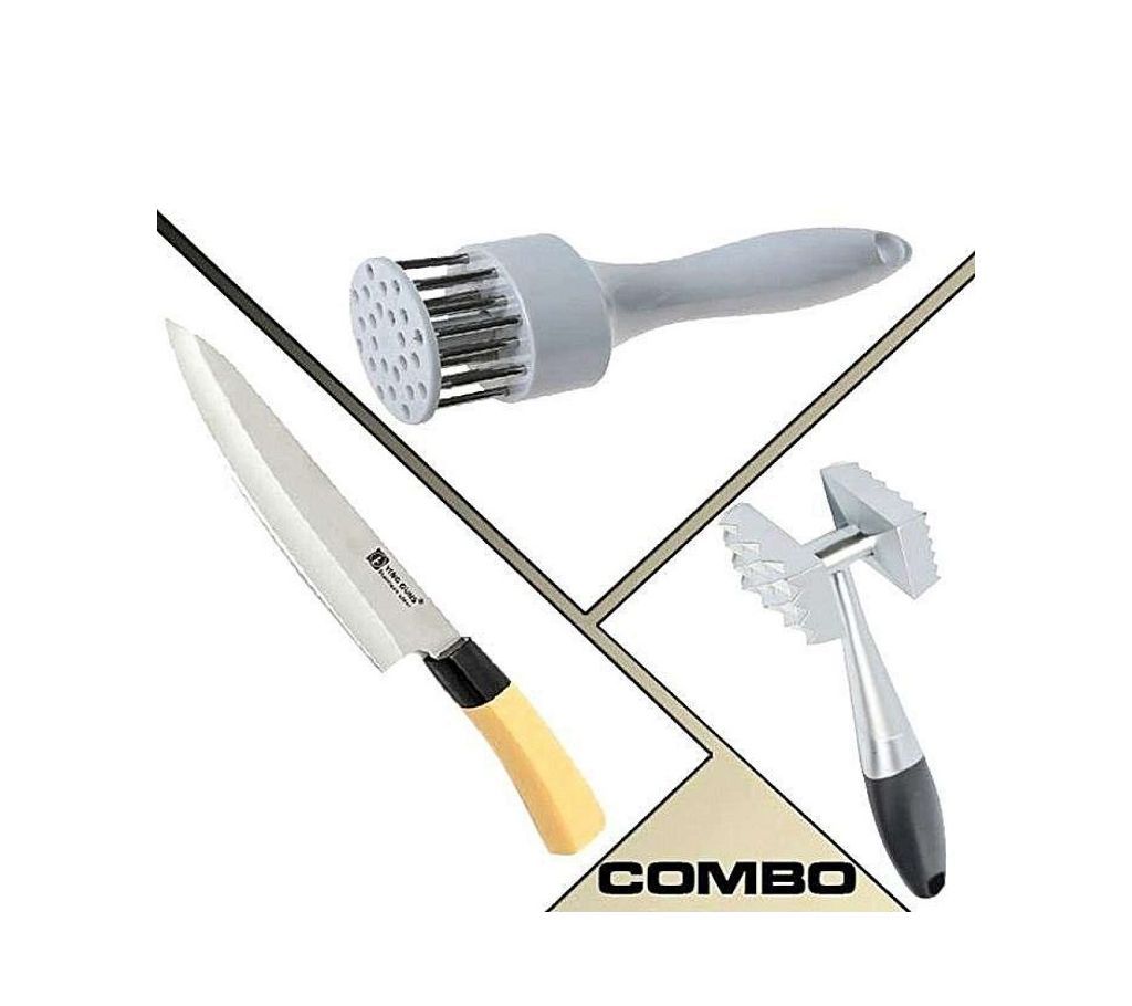 Kitchen Knife and Meat Tenderizer and Meat Hammer Combo - White and Silver