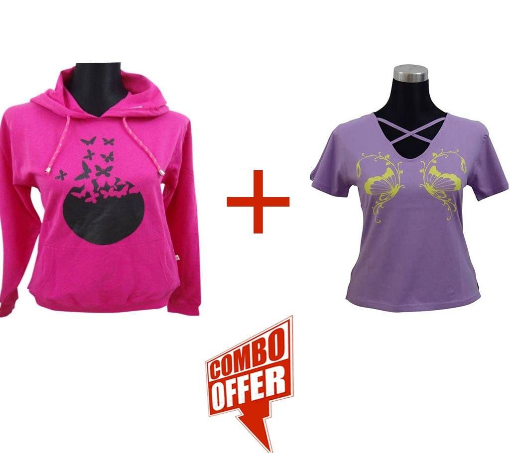 Fuchsia Ladies Hoodie + C. Petal V-Neck Ladies T-Shirt Combo Offer 