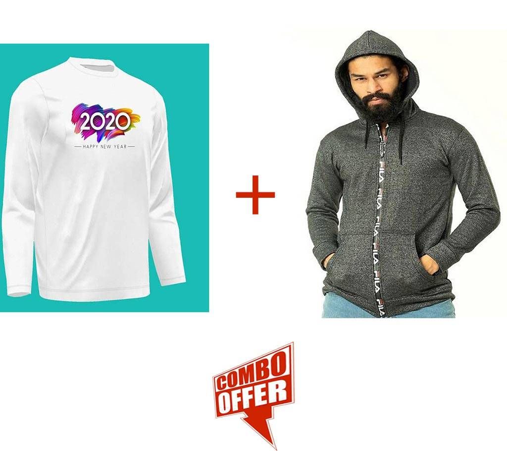 PMenz Cotton Hudy-Dark Ash + Happy N 2020 Full Sleeve T-Shirt Combo Offer 