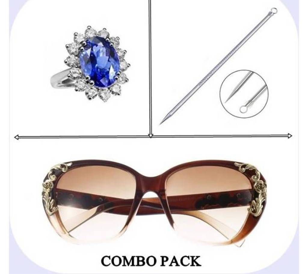 3 Pack of Combo Princess Diana Finger Ring + Blackhead Remover+ Women Fashion Sunglasses
