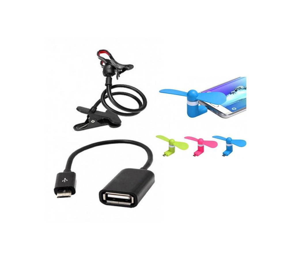 Combo Of 360 Rotate Stand & Micro USB OTG Cable & Micro USB Fan