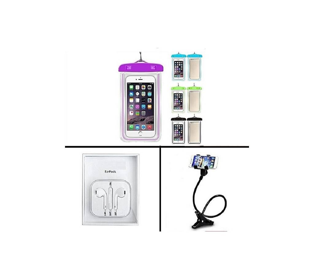 Combo Of Waterproof Pouch, Lazy Stand, Earpods