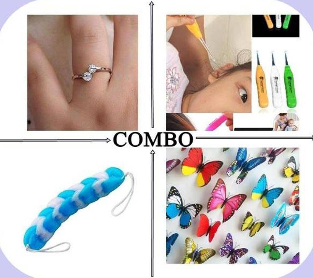 ladies finger ring + LED Ear Pick + shower scrubber + Butterfly wall sticker combo offer