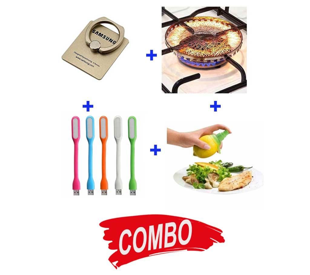 Universal Mobile Ring Stand + Lemon Sprayer + Over Heating Gas Saving Net + USB LED Light- 1 pc  Combo Offer 