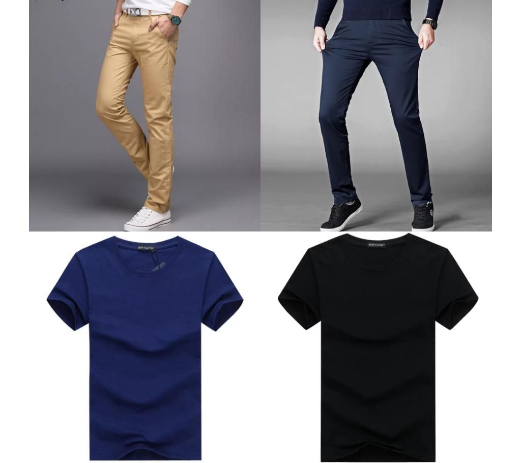 Combo Offer 2 Piece Gabardine Pant + 2 Piece Half Sleeve Cotton T Shirt For Men 