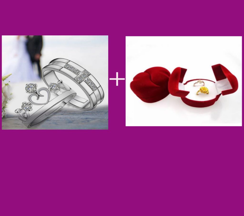 Couple Silver Colour Ring And Heart shape Ring Box