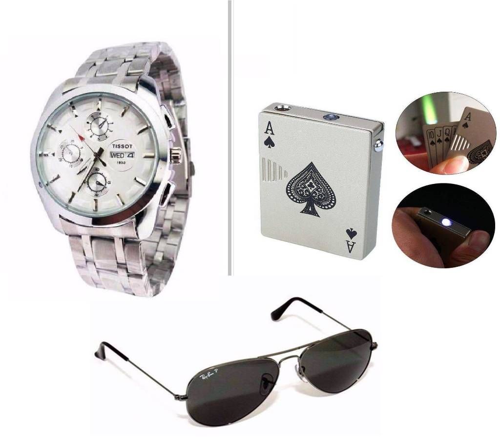 Tissot Gents Watch + Windproof Gas Lighter + Ray Ban Sunglass for Men - Copy