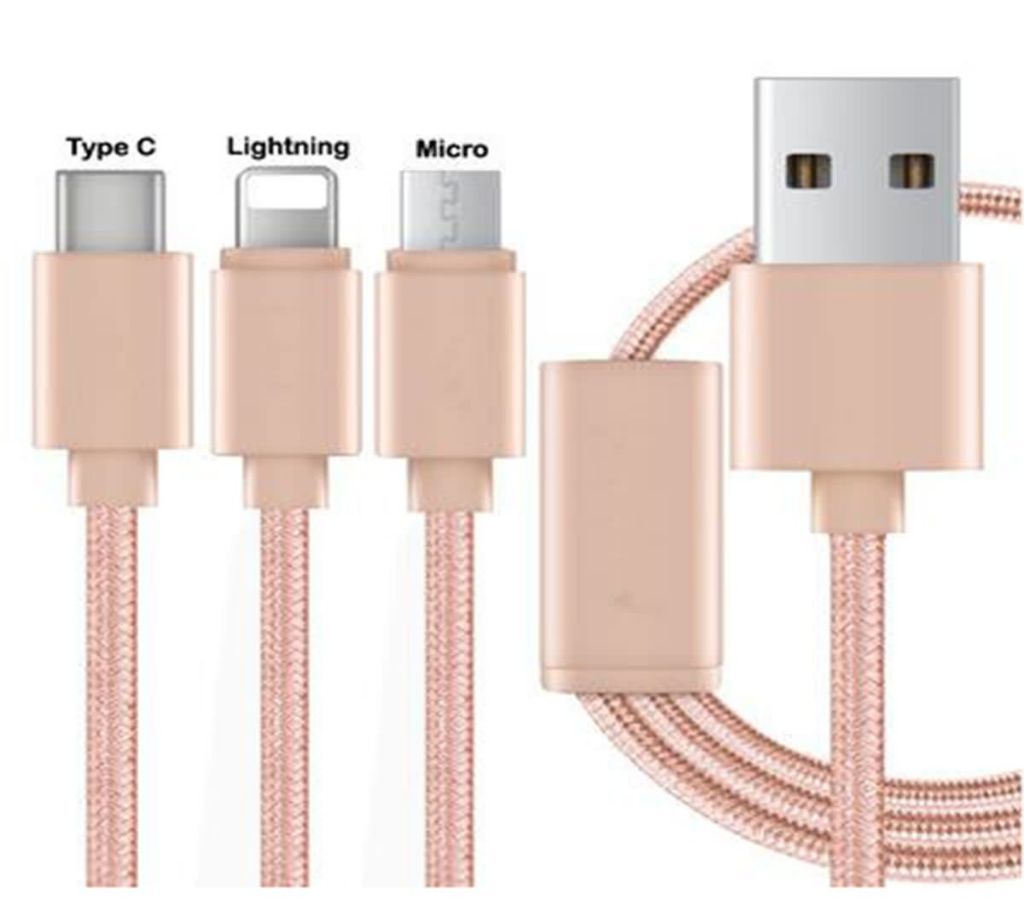 3 in 1 Lightning Charging Cable Type C - Rose Gold