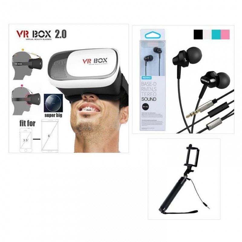 VR Box 2.0+Bluetooth Selfie Stick+Remax Earphone Combo