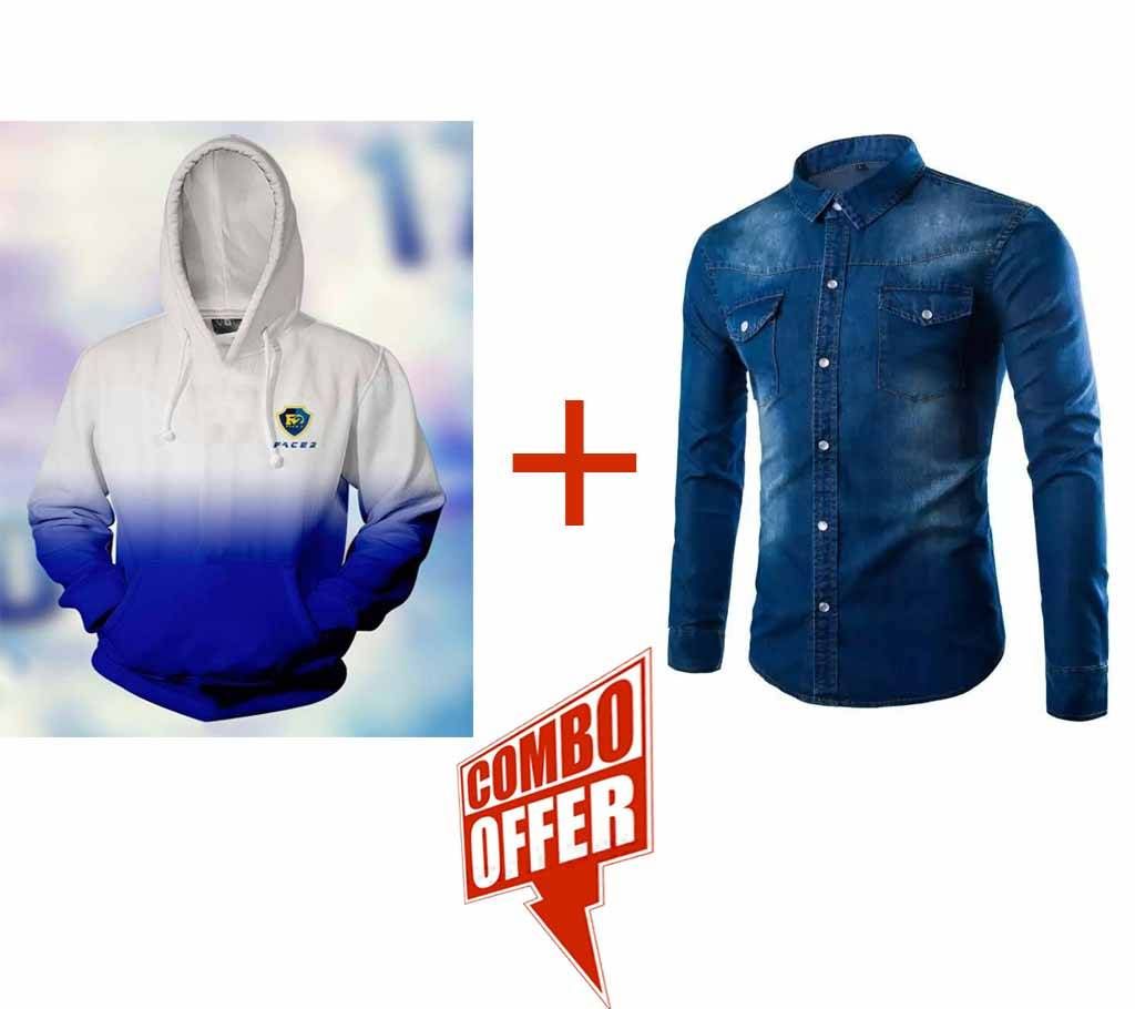  Mens Stylish Hoodie - White and Blue + Blue Denim Long Sleeve Casual Shirt for Men - UPF Combo Offer