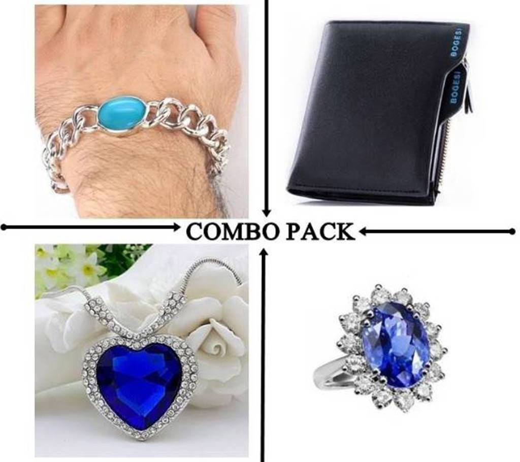 4 Pack of Combo Blue Stone Bracelet + Lather Wallet+ Pendent + Finger Ring 
