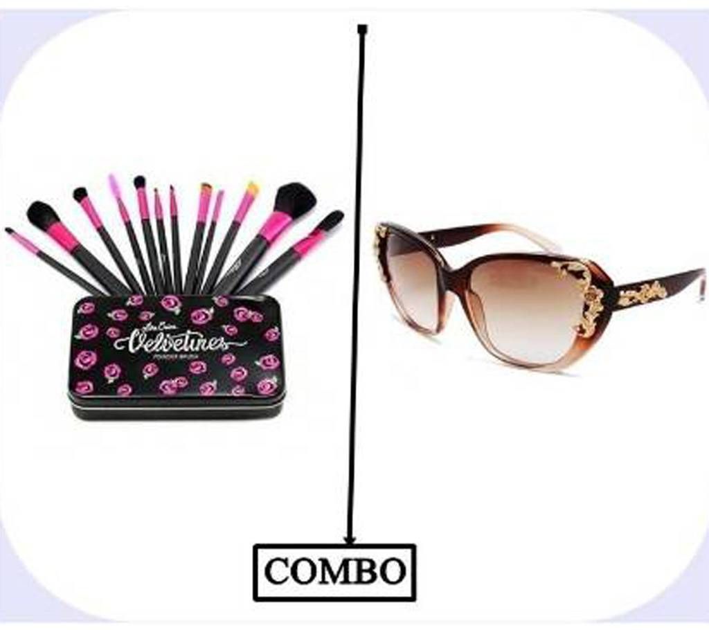 Combo of Makeup Brush Set & Women Fashion Sunglass