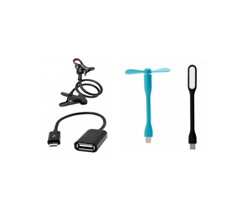 Combo Of 360 Rotate Stand & Micro USB OTG Cable & USB Light & USB Fan