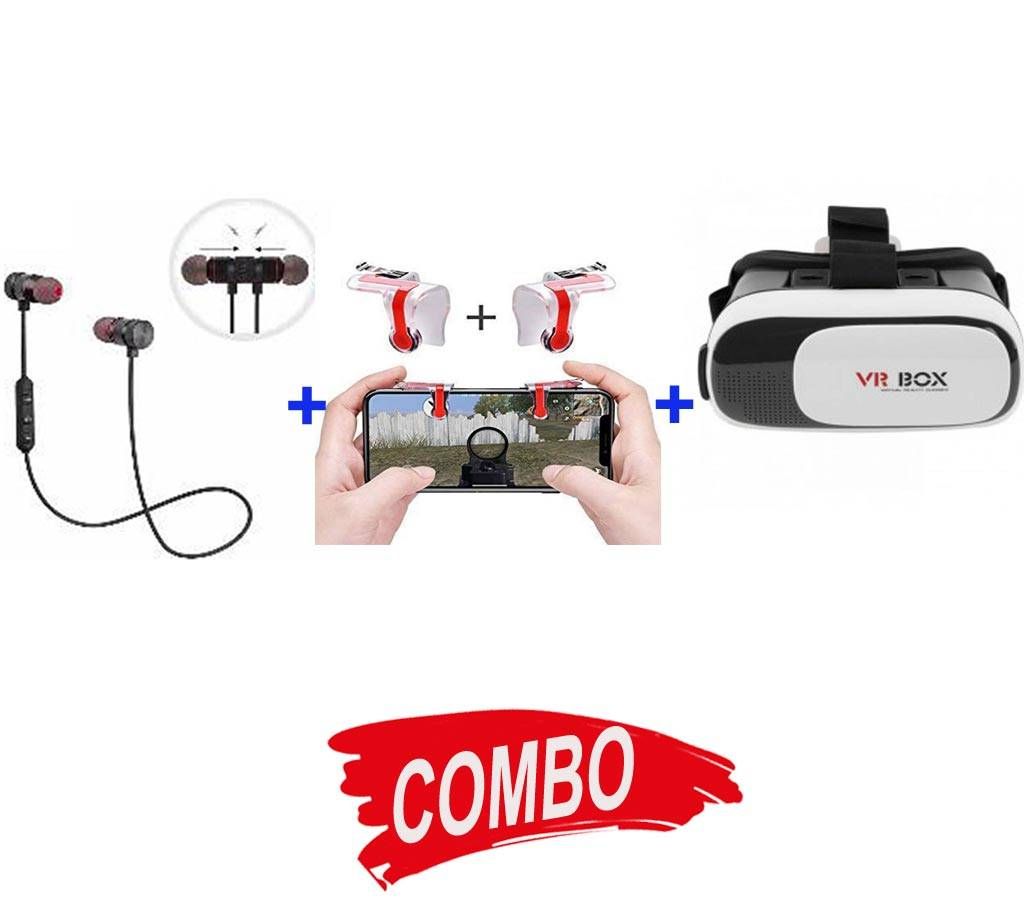 VR BOX+BMI-MAGNET WIRELESS STERIO BLUETOOTH EARPHONE+PUBG and Shooting Game Controller for any Smartphone - Black Combo Offer 